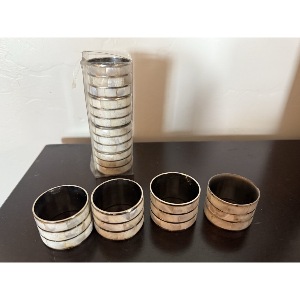 Mother of Pearl Silver Tone Metal Napkin Rings Holders Vintage Set Of 8